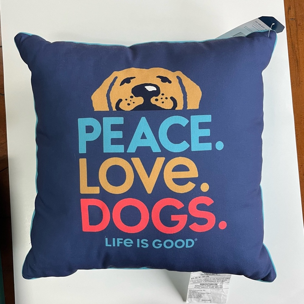 NWT LIFE IS GOOD Berkshire indoor/ outdoor throw pillow 18 x18 Peace Dog